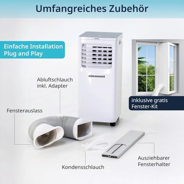 Мобільний кондиціонер Könighaus 7000 BTU для кімнат до 20 м²: 4-в-1 (охолодження, осушення, вентилятор, очищення повітря) з пультом та керуванням через додаток, енергоефективний (A)