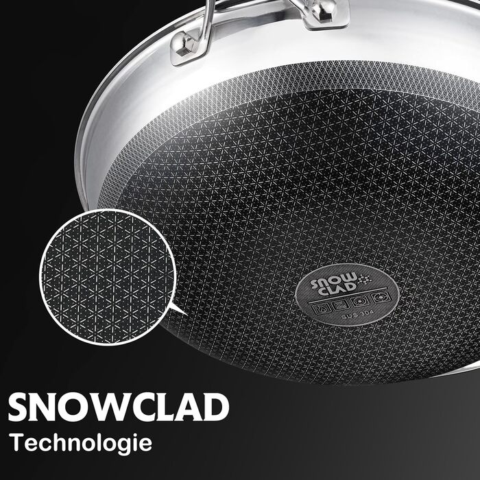 Вок-пательня SNOWCLAD 30см для індукції та всіх типів плит, гібридна сковорода з антипригарним стільниковим покриттям та кришкою, нержавіюча сталь, PFOA-free
