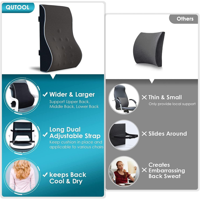 Подушка для спини Qutool з Memory Foam, поперекова подушка для офісного та геймінгового крісла, підтримка попереку, регульовані ремені, сітчаста обкладка (чорний)