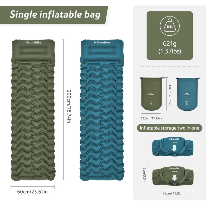 Надувний кемпінговий килимок Naturehike Ultralight з вбудованим насосом для походів та туризму, армійний зелений, одноосбовий