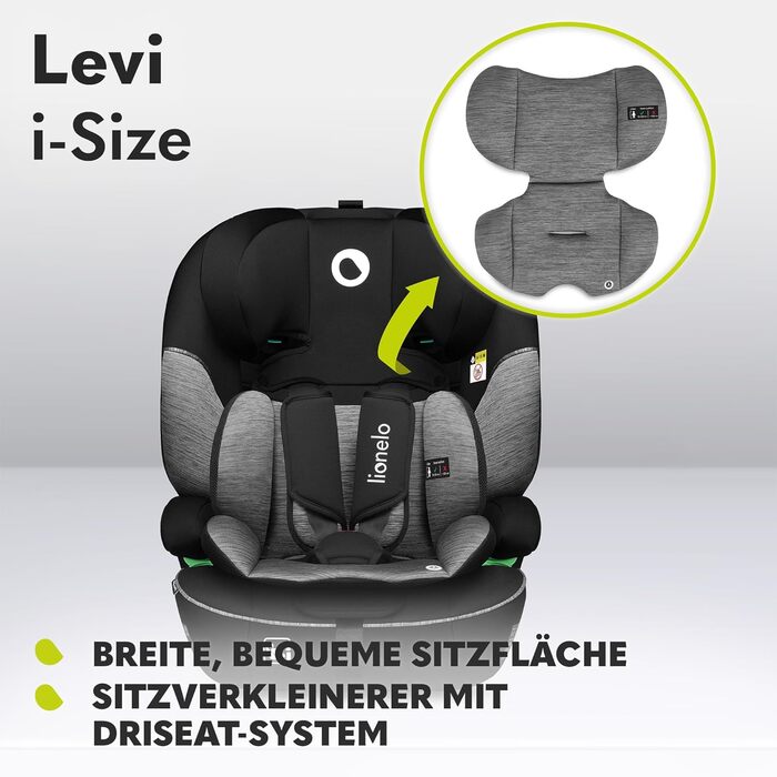 Автокрісло Lionelo Levi i-Size 76-150см R129, група 1/2/3, чорно-сірий, з Memory Foam та Dri-Seat