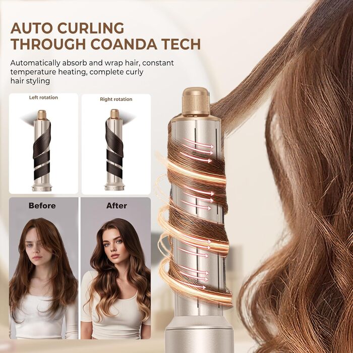 UKLISS Hairstyler Airstyler 8-в-1: Фен-щітка, випрямляч, плойка, насадки для об'єму та іонізація - Швидке сушіння для всіх типів волосся, колір шампань