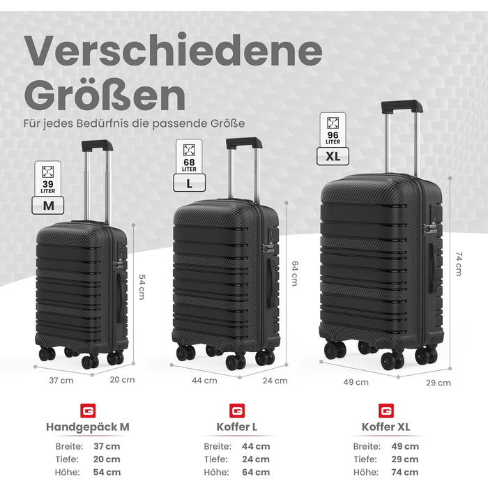 Валіза для подорожей велика XL, чорна, жорсткий корпус, 74x49x29 см, з TSA-замком та 4 колесами, легка