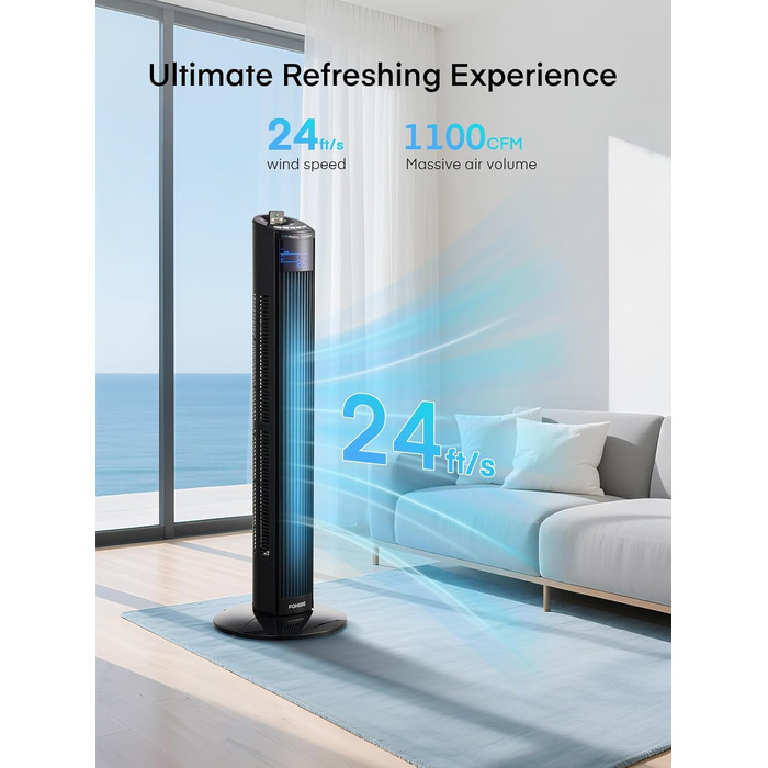 Вентилятор підлоговий FOHERE Leiser Turmventilator 91 см з пультом, таймером та нічним режимом, чорний