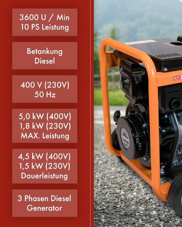 Дизельний генератор KnappWulf KW5500-3 5000 Вт (5 кВт) з розетками 230В/400В/12В, датчиком рівня масла та колесами
