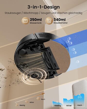 Робот-пилосос Proscenic Q8 Max з функцією вологого прибирання, потужність 8000 Па, LiDAR-навігація, мішок для пилу 3л, керування через App, Alexa, Siri
