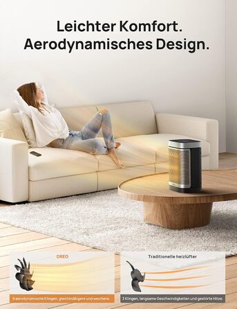 Електричний обігрівач Dreo з термостатом, 1500W, PTC кераміка, ECO-режим, таймер 12 год, захист від перегріву та перекидання, осциляція 70°, Wi-Fi, сріблястий