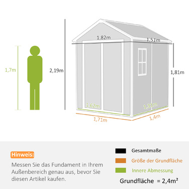 Outsunny Garden Shed 2,4 м², Водонепроникний садовий сарай з підлоговим моноскатним дахом, 182x151x219/181 см, Сарай для інструментів з дверима, що замикаються, Вікно Велосипедний гараж, Садова шафа з алюмінію, для заднього двору, Саду, Сірий
