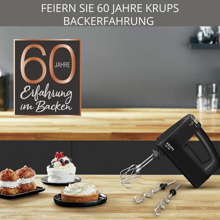 Ручний міксер Krups 3 MIX 7000 60 Jahre Edition F60858, 500 Вт, з вінчиками та гаками для тіста, чорний/мідний