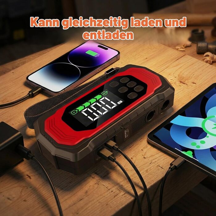 Пусковий пристрій (бустер) 9000A з компресором 150 PSI, 9-в-1 Powerbank для авто (бензин та дизель до 14л), 12V Jump Starter з електричним насосом та швидкою зарядкою 30W