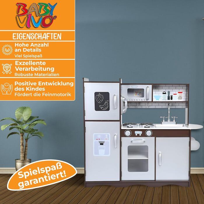 Дитяча ігрова кухня Baby Vivo Toni з дерева, іграшкова кухонька з дошкою для малювання, коричнева