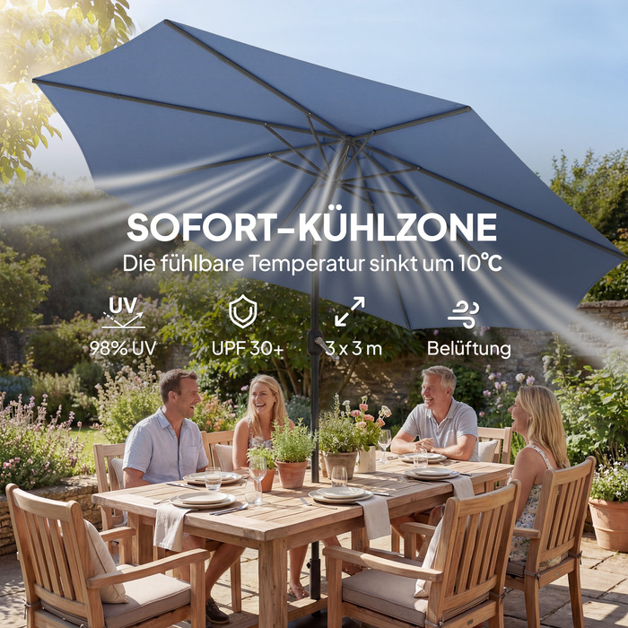 Сонячний парасолька діаметром 295 см, захист від сонця SPF 30+. Кругла парасолька для балкона, пляжу або ринку, підходить для пляжу, балкона та саду, блакитного кольору.