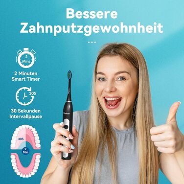 Електрична зубна щітка Lächen Sonic RM-T8B з 4 насадками, таймером, 3 режимами та 3 рівнями вібрації, у комплекті з чохлом для подорожей, колір: білий (чорний)