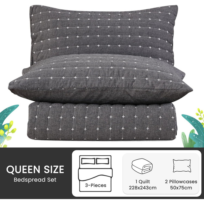 Покривало Qucover 220x240 см темно-сіре, бавовна, ультра м'яке, з вишивкою, стьобане, з 2 наволочками 50x75 см, на ліжко або диван