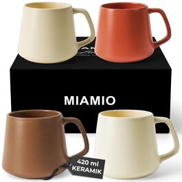 Набір керамічних чашок для кави та чаю MIAMIO Luxe (4 шт, 420 мл) — великі горнятка для капучино та еспресо, бежеві, підходять для мікрохвильової печі та посудомийки