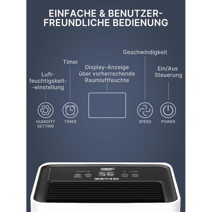 Comedes Demecto 16 eco WiFi - Потужний побутовий осушувач повітря (16 л/24 год) з Wi-Fi, для приміщень до 65 м²/150 м³, керування через додаток