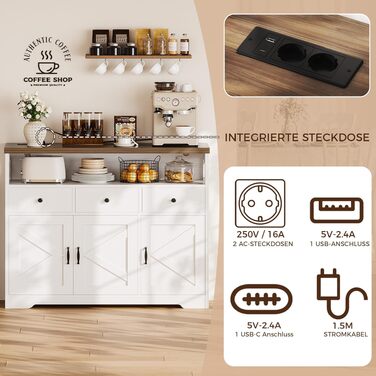 Кухонний комод-буфет IRONCK з розетками (2AC+1USB+1C), шафа для вітальні та їдальні з 3 шухлядами та 3 дверцятами, кава-бар з регульованою полицею, 107x35x95см, білий