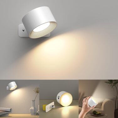 Світильник настінний з акумулятором, LED, 3 кольори, 3 рівні яскравості, 360° обертання, сенсорне керування, бездротовий, білий
