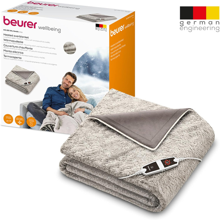 Електрична грілка-ковдра Beurer HD 150 XXL Nordic, 200x150 см, 6 температурних режимів, автоматичне відключення, машинне прання, м'яка флісова ковдра, колір тауп