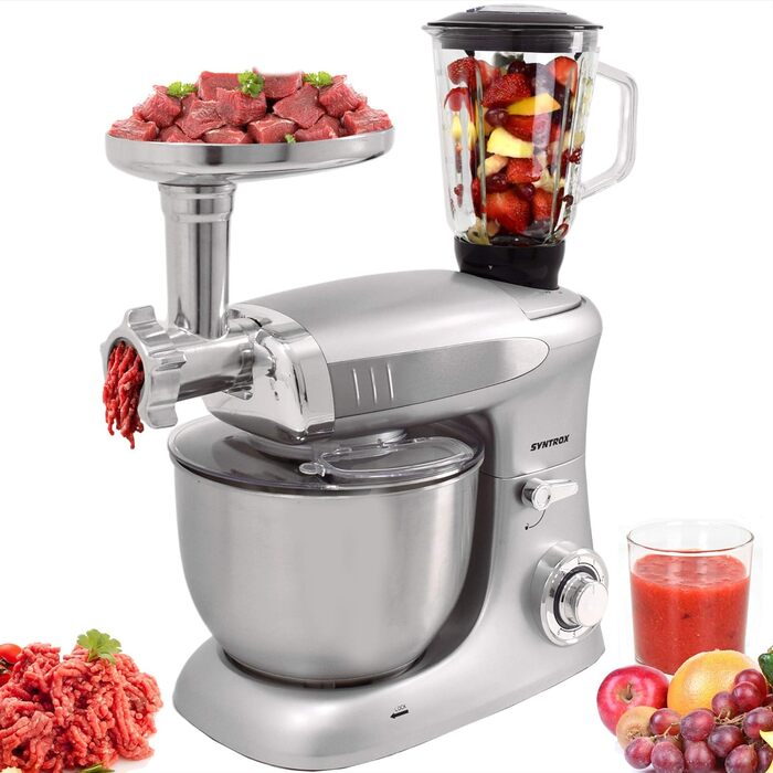 Кухонна машина Syntrox Germany KM-1300W Silver de Luxe з м'ясорубкою, міксером і 6,5 л чашею з нержавіючої сталі, 1300 Вт, срібляста