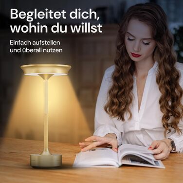 LED настільна лампа Designgold бездротова з акумулятором - стильний дизайн, 3 кольори світла, диммування, для дому та на вулицю, зарядка USB-C (Золота)