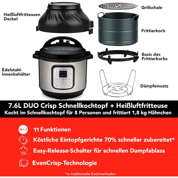 Мультиварка-скороварка Instant Pot Duo Crisp 11-в-1 з аерофритюрницею, 7,6 л, електрична, для смаження, тушкування, запікання, приготування на парі, sous vide, дегідратор, срібляста