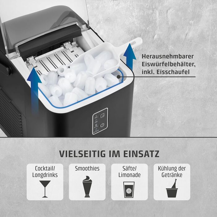 Льодогенератор Caso IceChef Compact: швидке виробництво льоду (12 кг/24 год), самоочищення, 1л резервуар, з лопаткою