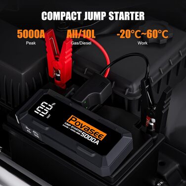 Бустер автозапуску Povasee Starthilfe Powerbank 5000A для бензинових та дизельних двигунів (до 10л), пусковий пристрій 12V з LCD-дисплеєм, USB-портами та LED-ліхтарем, сірий
