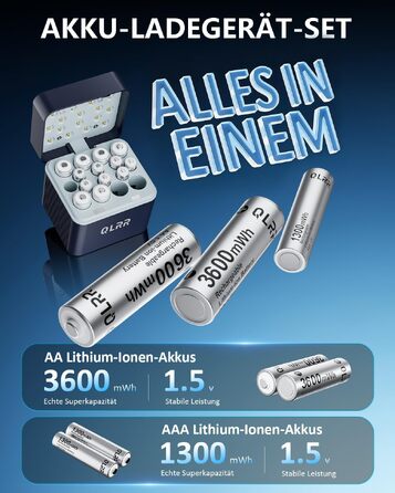 Набір акумуляторів AA та AAA з зарядним пристроєм, 1.5V (8 шт. AA 3600mWh + 8 шт. AAA 1300mWh), 1200 циклів зарядки