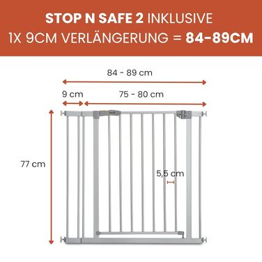 Захисний бар'єр Hauck Stop N Safe 2 Silber 84-89 см для сходів та дверей без свердління, з ручним відкриттям однією рукою, для дітей та собак