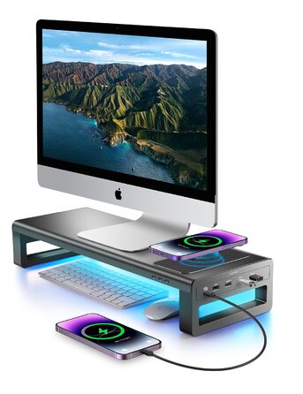 Підставка для монітора VAYDEER USB 3.0 з бездротовою зарядкою та передачею даних, металевий тримач для ноутбуків та комп'ютерів до 32 дюймів, чорний, L