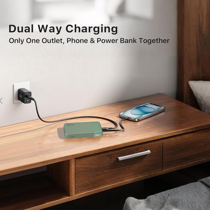 Power Bank NOBIS 10000mAh з цифровою індикацією, USB-C, швидка зарядка PD QC, 25W, зелений