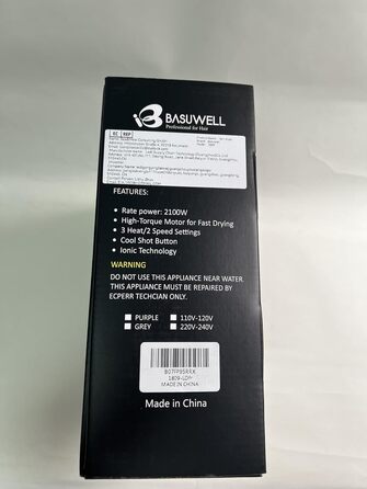 Фен для волосся Basuwell 2100 Вт з іонізацією, інфрачервоний, потужний AC-мотор, дифузор, насадка-гребінець, європейська вилка, фіолетовий