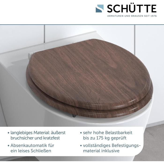 Дерев'яне сидіння для унітаза SCHÜTTE з мікроліфтом (Soft-Close), кришка для унітаза з MDF, витримує до 175 кг, колір Darkwood