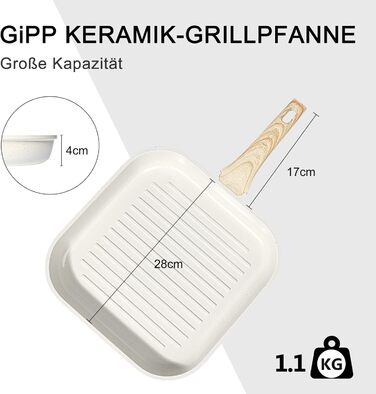 Сковорода-гриль GiPP 28 x 28 см з антипригарним покриттям, для стейків, сумісна з індукцією, без PFOA, для всіх плит, легко миється, біла