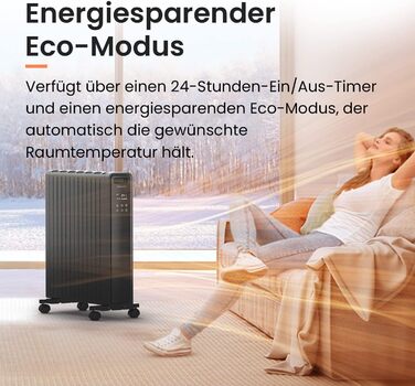 Електричний радіатор Pro Breeze 2000 Вт, безмасляний, з термостатом, таймером, дистанційним керуванням, захистом від перегріву, 3 режими обігріву, енергоощадний, чорний