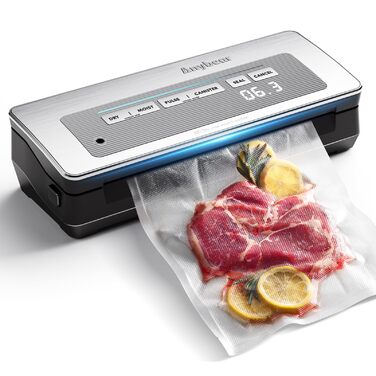 Вакууматор для продуктів сріблястий, 100 Вт, 90 кПа, з вбудованим різачем та цифровим таймером, комплект з 2 рулонами