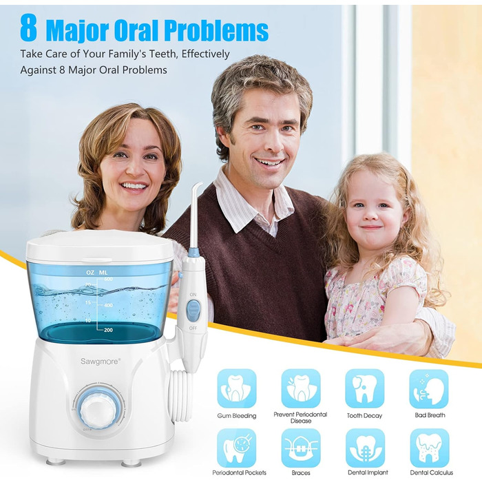 Електрична іригатор для порожнини рота з 10 рівнями тиску та 8 насадками, професійний водяний флосер, резервуар 600 мл, ідеальний для сім'ї, білий