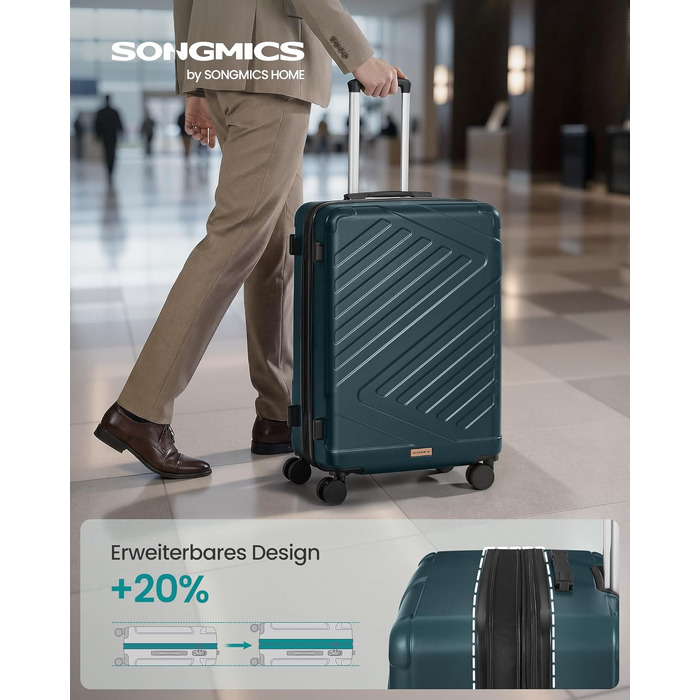 Валіза для подорожей SONGMICS, жорстка розширювана валіза з ABS-пластику, TSA-замком та 4 подвійними колесамими, розмір L (65 см), темно-бірюзова, RLP002C101