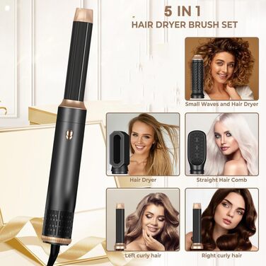 Набір для укладки волосся Hairstyler 5-в-1 з автоматичною завивкою, фен-щітка та насадки, чорний колір