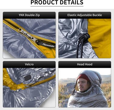 Ультралегкий спальний мішок Naturehike CW400 RDS пух, 4 сезони, компактний для кемпінгу та подорожей, сірий, розмір M (температура комфорту 6°C)