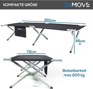Складане кемпінгове ліжко 24MOVE® для відпочинку на природі та вдома, витримує до 200 кг, 210x72x45 см, чорне, з сумкою для перенесення