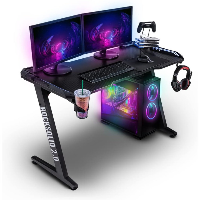Ігровий стіл ELITE Rocksolid 2.0 чорний RGB з LED-підсвічуванням, тримачем для гарнітури та напоїв, органайзером для кабелів, комп'ютерний стіл для геймерів