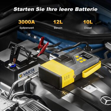 Пусковий пристрій Powerbank Jump Starter з компресором для шин 3000A, 150 PSI, LCD-дисплеєм та LED-ліхтарем (Жовтий)