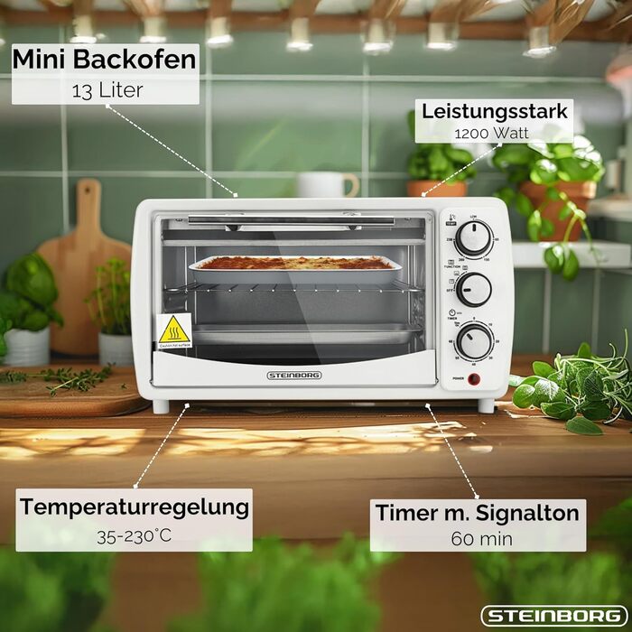 Міні-піч 13 літрів, 1200 Вт, піч для піци, 65°-230°C, таймер, піддон для крихт, міні-піч