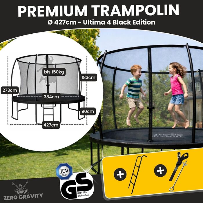 Батут Zero Gravity Ultima 4: Ø 183/244/305/366/427 см, з сіткою безпеки, сходами, TÜV GS. Батут для вулиці з легким складанням