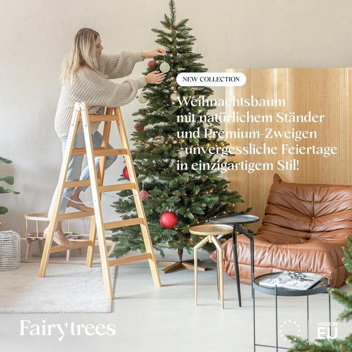 Штучна ялинка FAIRYTREES Nordmann Premium 220 см, білий засніжений сосновий колір, PVC, з натуральними шишками та дерев'яною підставкою