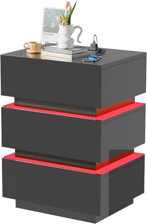Тумба приліжкова Lvhecforhm з LED підсвіткою, USB та розетками, 16 кольорів, чорний глянець, з відкритими полицями