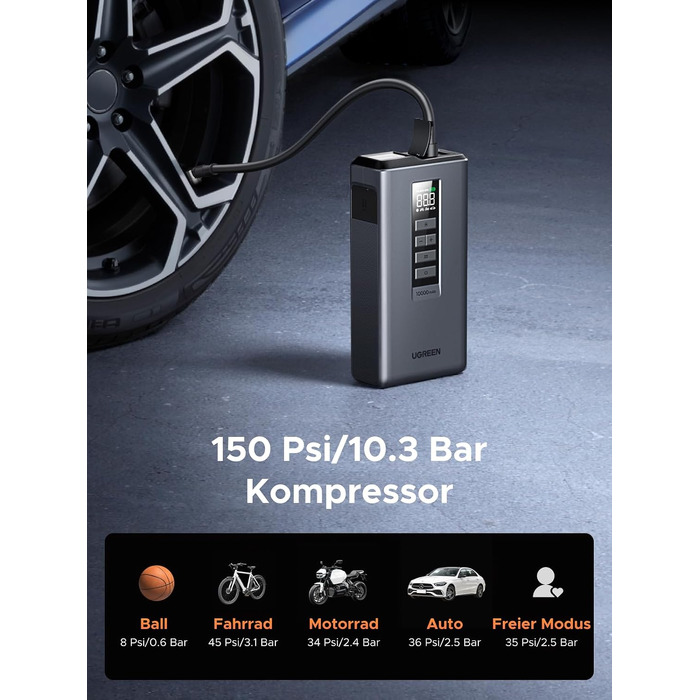 Пусковий пристрій UGREEN 3 в 1: Powerbank 10000mAh, бустер для авто та електричний компресор (помпа)