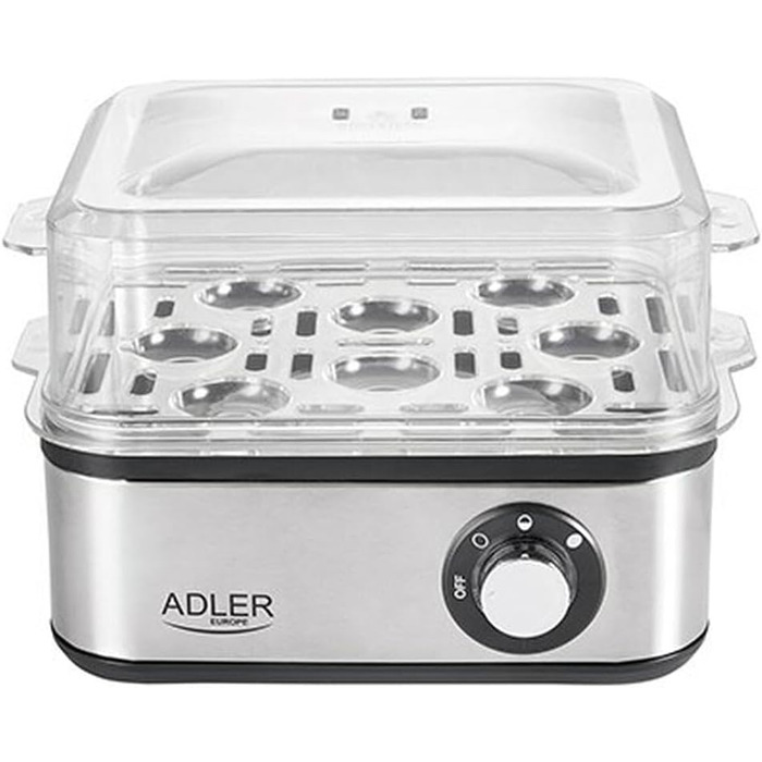 Електрична яйцеварка ADLER EUROPE AD-4486, 1-8 яєць, 500 Вт, нержавіюча сталь, автоматичне вимкнення, захист від перегріву, срібляста